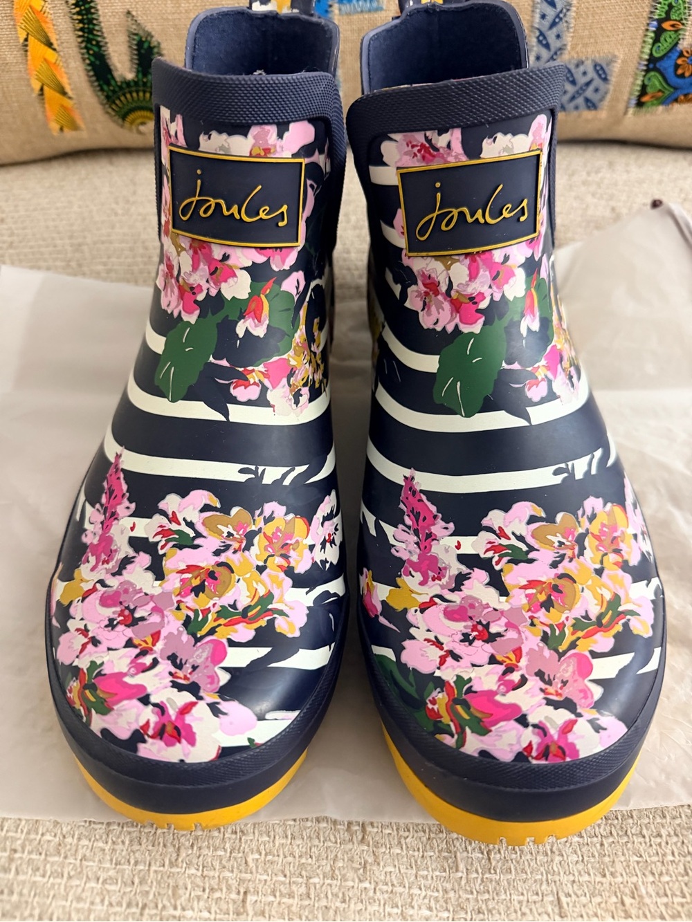 Joules Navy Striped Floral Rain Ankle Boots with Yellow Outsole